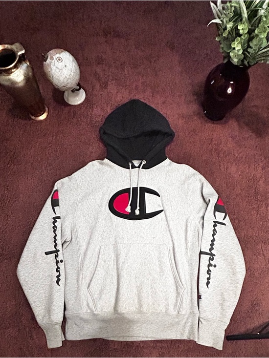 Champion Other - Champion Gray Pullover Hoodie with Black Hood and Red Logo